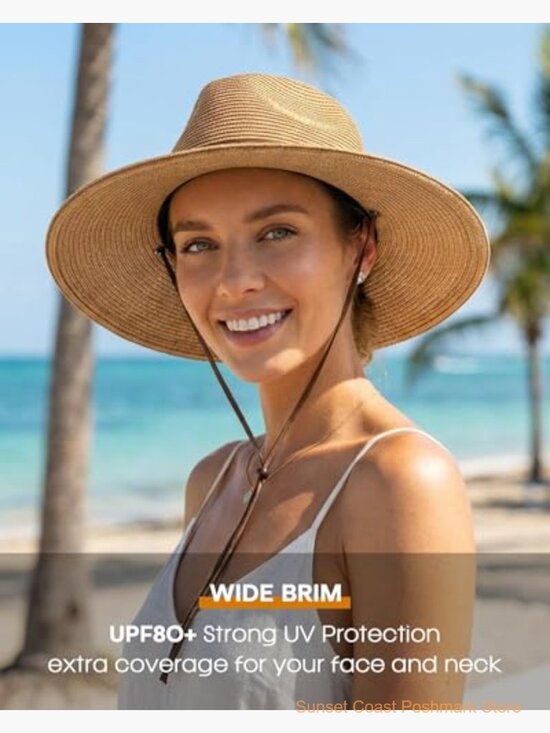 Straw Sun Hat Wide Brim Fedora Beach Hat with Wind Lanyard UPF 80+